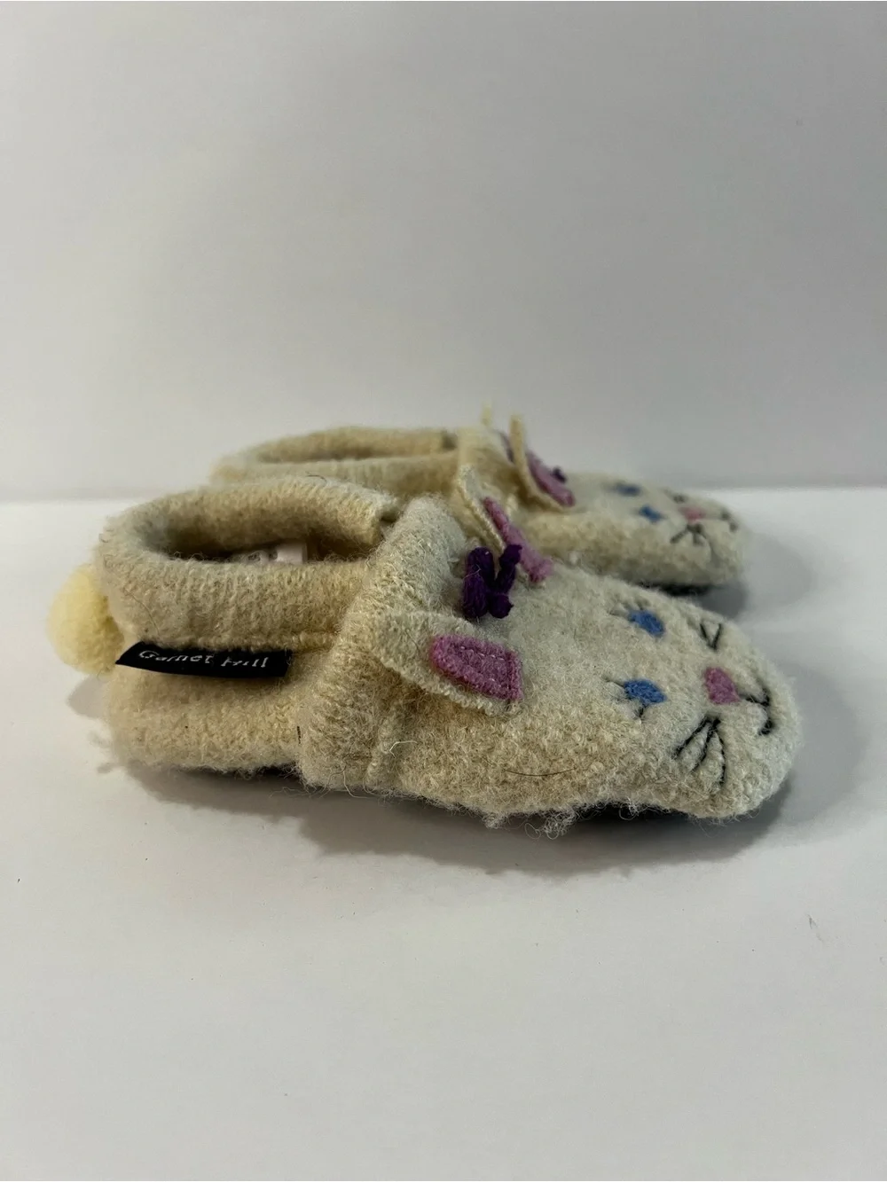 Garnet Hill Baby Boiled Wool Bunny Slippers Cream Embroidered Animal House Shoes